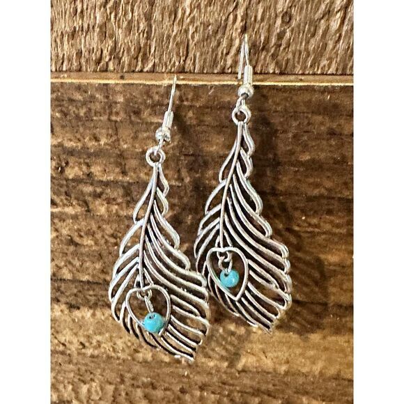 Boho Vintage Chic Southwestern Feather Dangle Wire Earrings, Silver Plated, Gif - Picture 5 of 10